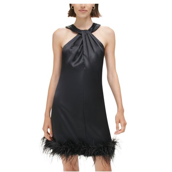 Eliza J Black Satin Feather Trimmed Sleeveless Mini Shift Cocktail Dress Size 10 - Picture 10 of 12